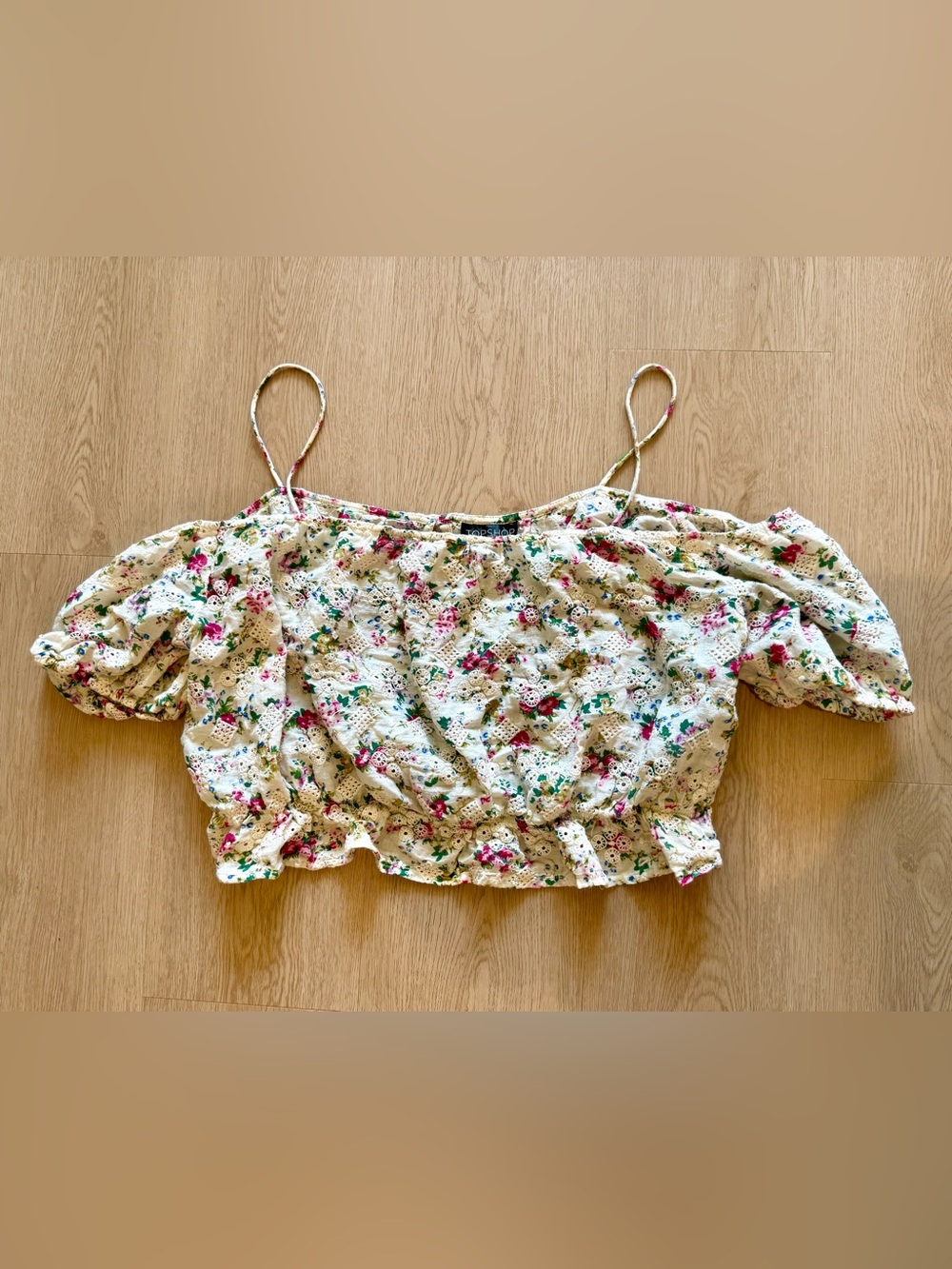 Topshop Floral Eyelet Cropped Peasant Top US 12
